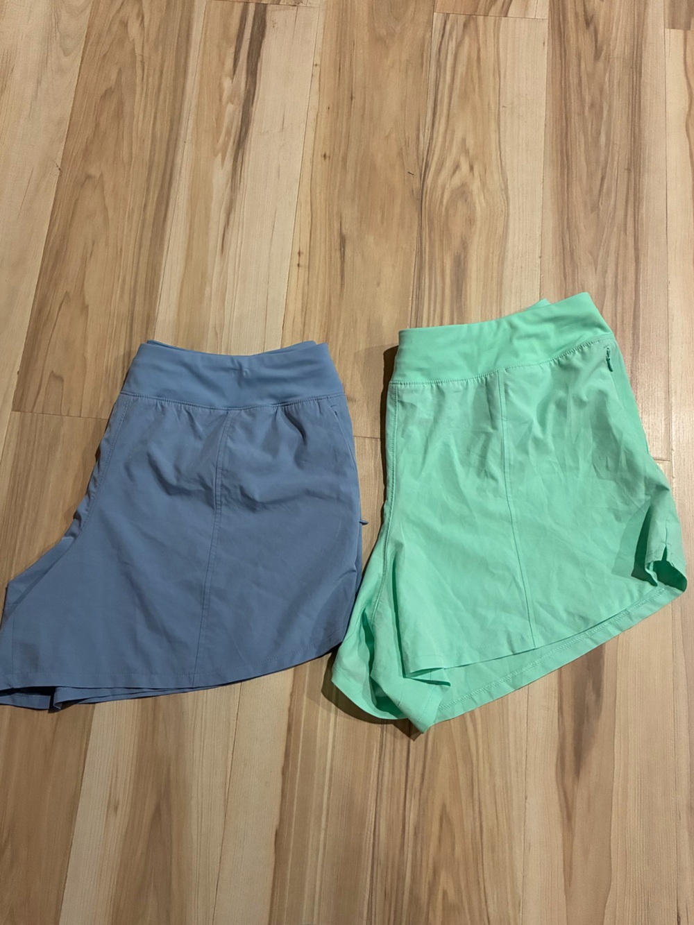 tek gear women’s athletic shorts in seafoam green and slate blue